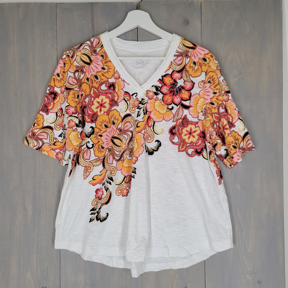 Chico's Floral Paisley V-Neck Top Women XL Size 3 White Orange Pink Cotton Modal